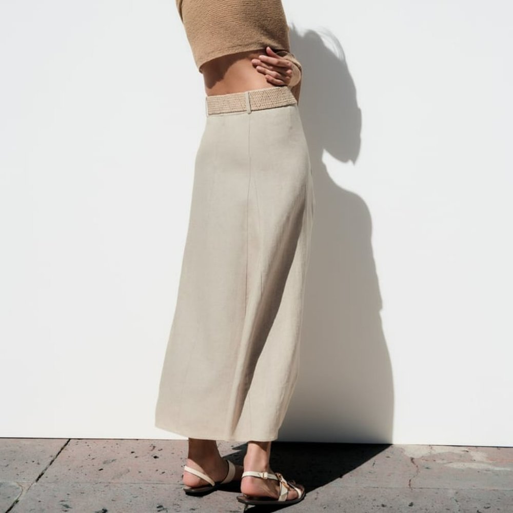 Zara linen blend midi skirt light beige Sz XL - Picture 4 of 7